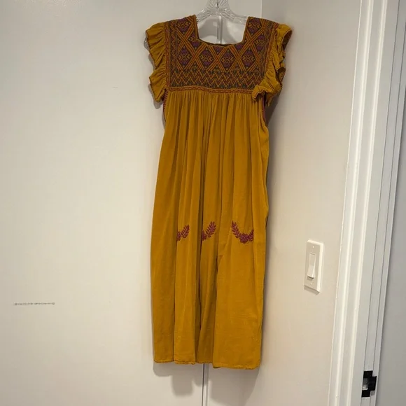 Boho Chic Embroidered Midi Dress in Mustard - Picture 2 of 3